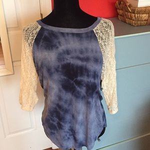 Tie dye tee with mesh floral sleeves